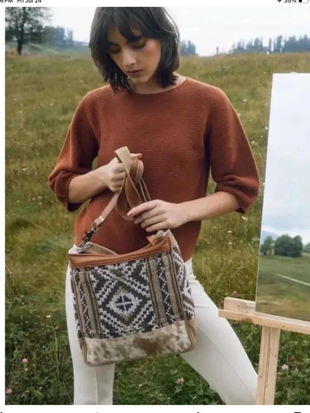 Myra Bag Leather Hair Trim Canvas Woven Crossbody Shoulder Bag Elisa